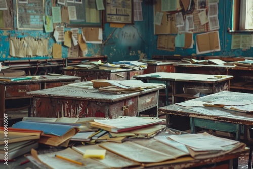 A classroom filled with desks covered in papers, creating a chaotic scene of disorganization, A cluttered classroom with desks covered in papers and pencils