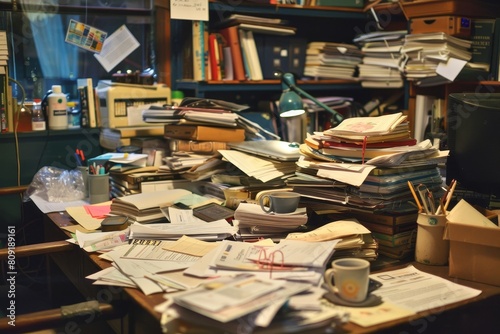 A cluttered desk with numerous papers strewn all over, creating a chaotic and disorganized workspace, A cluttered desk covered in paperwork and coffee mugs
