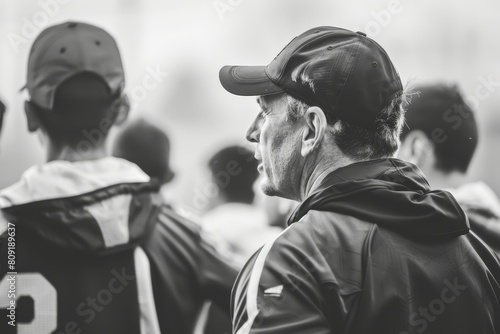Black and white photo of a football coach giving instructions to the team on the sidelines during a game, A coach giving instructions to the team on the sidelines