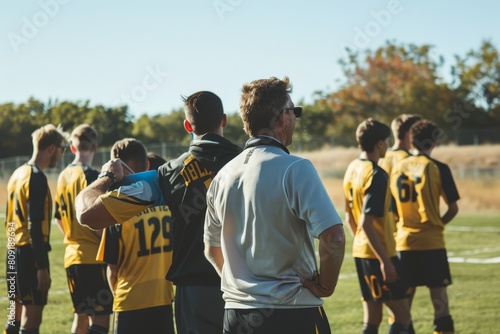 A group of men standing on the soccer field, possibly a team listening to their coachs instructions, A coach giving instructions to the team on the sidelines