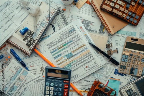 A collection of office supplies including calculators, pencils, and other tools used for accounting and organizing, A collage of accounting tools like calculators, spreadsheets, and pens