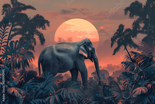 Wild elephant in the beautiful forest on sunset.