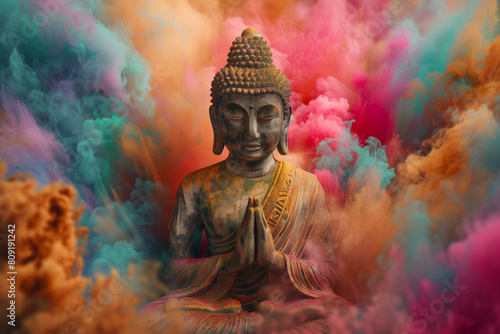 Stone statue of buddha meditating against color explosion background