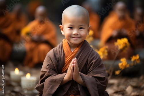Buddhist monk child in prayer position
