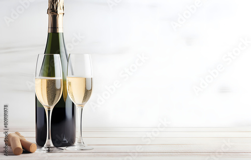 Champagne bottle and glasses lying on white wooden table soft li