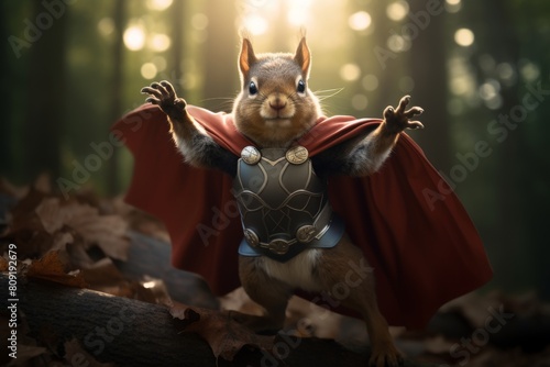 Majestic Squirrel In Superhero Costume Posing Heroically In Forest Light. Generative AI