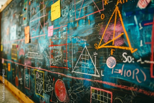 A blackboard covered with a variety of mathematical equations and formulas in different colors and styles, A colorful chalkboard with various mathematical equations and drawings on it