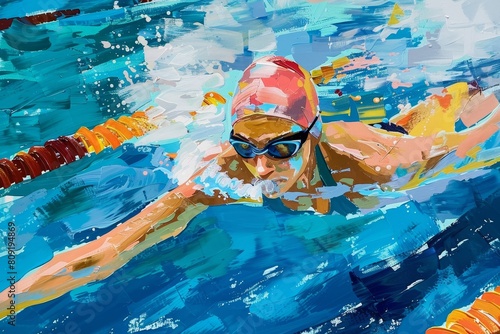 A painting of a woman swimming gracefully in a pool, captured in vibrant colors, A colorful composition of a female swimmer doing laps in a pool