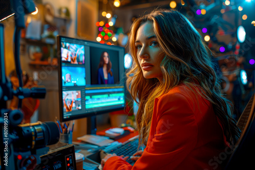 Young Caucasian female editor enhances storytelling in vibrant film studio fine-tuning colorful video project featuring woman in red suit