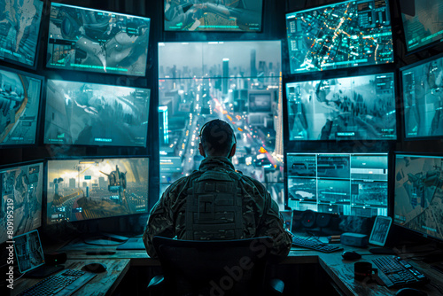 Central Cyber Command: Military Surveillance Officer Monitoring City Operations for National Security and Army Communications