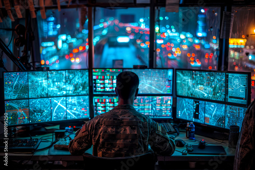Cyber Command Center: Military Surveillance Officer Monitoring City Operations for National Security and Army Communications