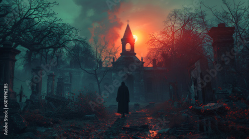 A grim reaper stands in front of an abandoned church, surrounded by old cemetery headstones when the sun is red