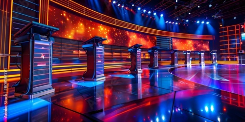Grand Game Show Set with Podiums, Buzzers, and Spacious Audience Area. Concept Game Show Set, Podiums, Buzzers, Audience Area, Spacious