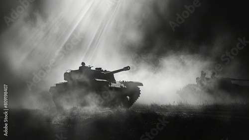 Backlit battle tank with rays piercing the smoke - A battle tank is dynamically backlit with sun rays filtering through the battlefield smoke