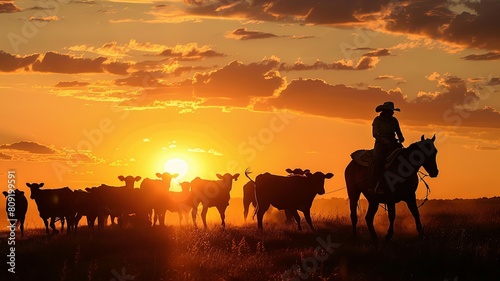Silhouette of cowboy with cattle at dusk - Striking silhouette of a cowboy on horseback herding cattle against a vivid sunset backdrop