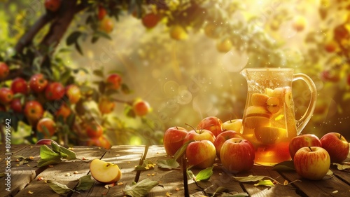 Rustic apple harvest scene with a pitcher of fresh apple cider.