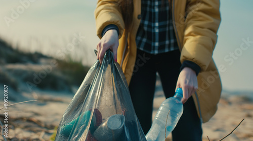 there is a person holding a plastic bag full of garbage