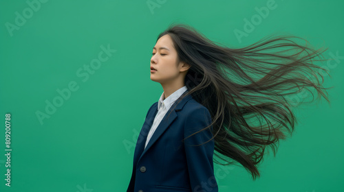 Mulher jovem japonesa de terno azul marinho no fundo verde 
