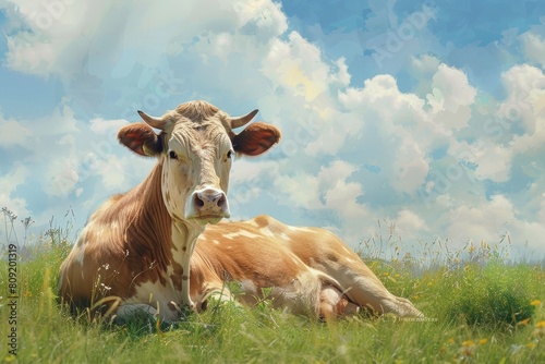 A contented brown and white cow relaxing in the grassy meadow under the sun, A contented cow lounging in a sunny meadow
