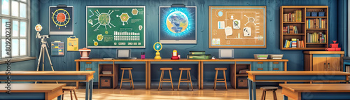 Science Educator's Classroom Wall: Adorned with science posters, educational diagrams, and a board with science lesson plans