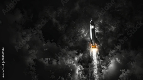 Rocket ascending through clouds in space - An evocative image of a rocket ascending with its boosters ignited, lighting up the surrounding clouds