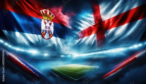 Serbia vs England football match, country flags and the stadium, UEFA Euro 2024, European Football Championship 2024, matchday 1, group stage 1