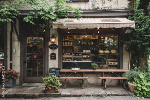 Storefront of a cozy bakery with a wooden bench in front on a charming street corner, A cozy bakery tucked away on a charming street corner