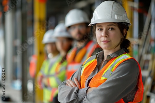 Confident Young Female Construction Worker Leading Team on Site