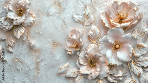 Light decorative texture of a plaster wall with voluminous decorative flowers and golden elements