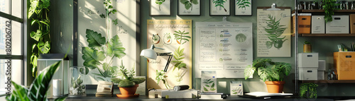 Botanist's Lab Wall: Covered in plant specimens, botanical illustrations, and a whiteboard with plant research notes.