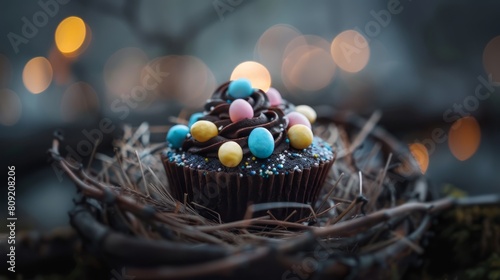  chocolate frosting smeared generously, candies scattered on top, atop a twiggy nest