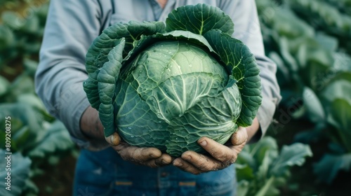 Farmer holding a large cabbage in a field