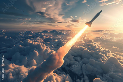 A dramatic scene of a combat rocket soaring high above the clouds, capturing the intensity of a missile attack The image conveys the urgency and power of an air strike in a war scenario