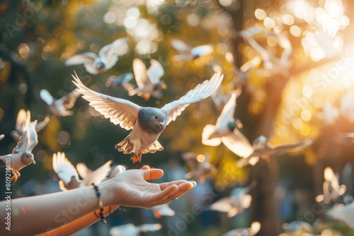 Hands releasing a flock of doves, symbolizing peace and unity.