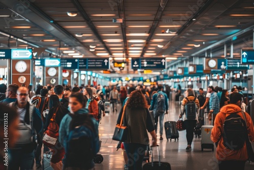 Crowded airport terminal with travelers walking towards departure gates, A crowded airport terminal filled with travelers hauling luggage and looking for their gates