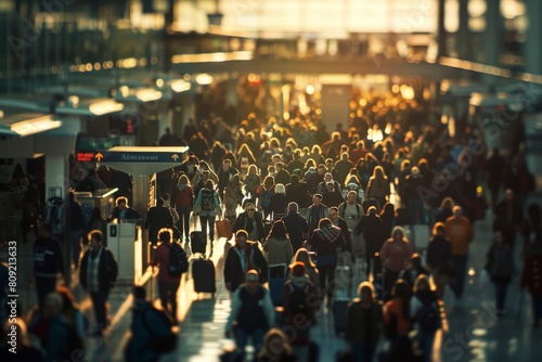 A large group of people walking down a bustling city street, A crowded airport terminal filled with travelers hauling luggage and looking for their gates