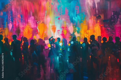 Diverse crowd of people standing together in front of a vibrant and colorful wall, A crowded dance floor with vibrant colors