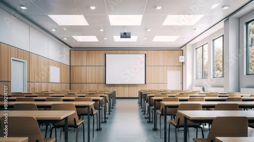 A well-organized, empty university classroom awaits the return of students and teachers
