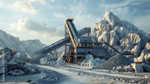 An industrial background scene featuring a working gravel crusher at a construction site, highlighting rugged functionality