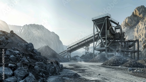 An industrial background scene featuring a working gravel crusher at a construction site, highlighting rugged functionality