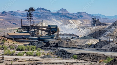 An industrial scene depicting the operational facilities at a phosphate mine processing mill, vital for mineral extraction