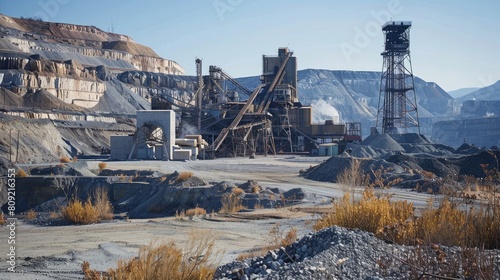 An industrial scene depicting the operational facilities at a phosphate mine processing mill, vital for mineral extraction