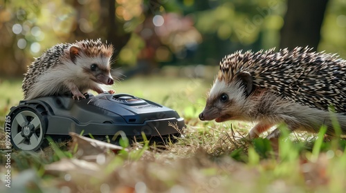 two hedgehog sitting in the green grass and toy car