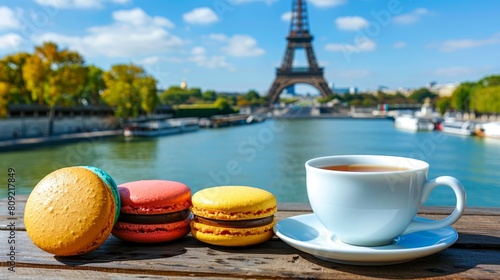 Parisian dream. Start your day with the perfect view of the Eiffel Tower and a cup of coffee with tasty macarons.