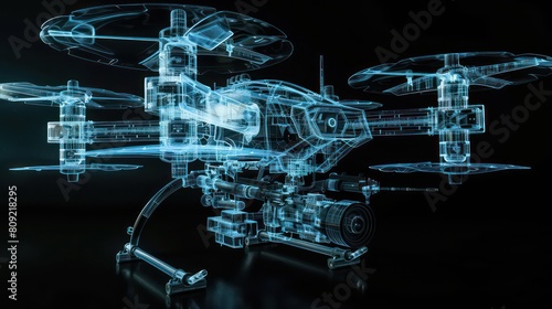 X-ray like visualization of a drone showcasing internal design and structure on a dark backdrop