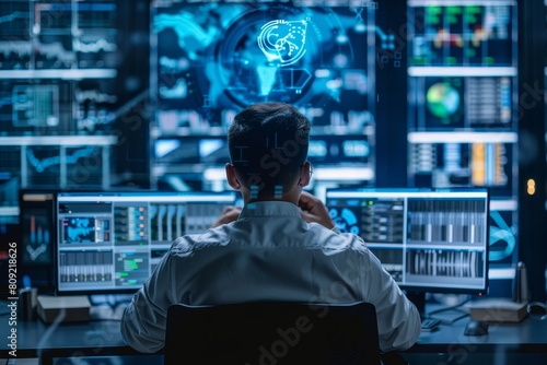 A man sitting at a desk, analyzing cybersecurity threats on multiple computer monitors, A cybersecurity researcher studying the latest malware threats