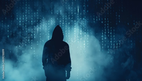 Silhouette of hacker in a hood against a binary code background, depicting a digital data darkness concept with copy space area for a web banner design Generative AI