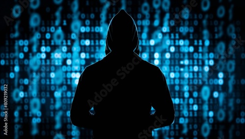 Silhouette of hacker in hood against binary code background silhouette of shadowy figure wearing hoodie standing on digital blue glowing backdrop with binary number and abstract patterns Generative AI