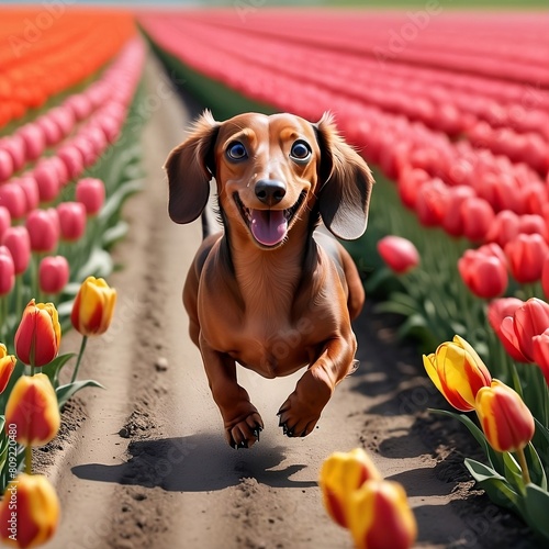 Gorgeous dachshund with big eyes running in a tulip field
