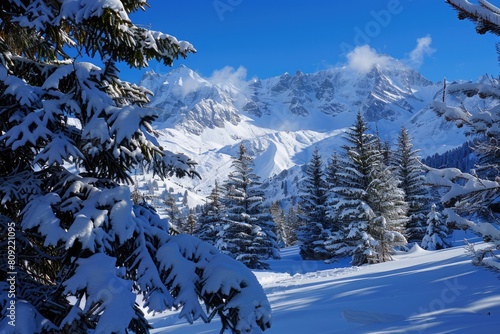 Montain Winter Wonderland: Snowy Trees, Pines and Firs with White-Blue Scenery
